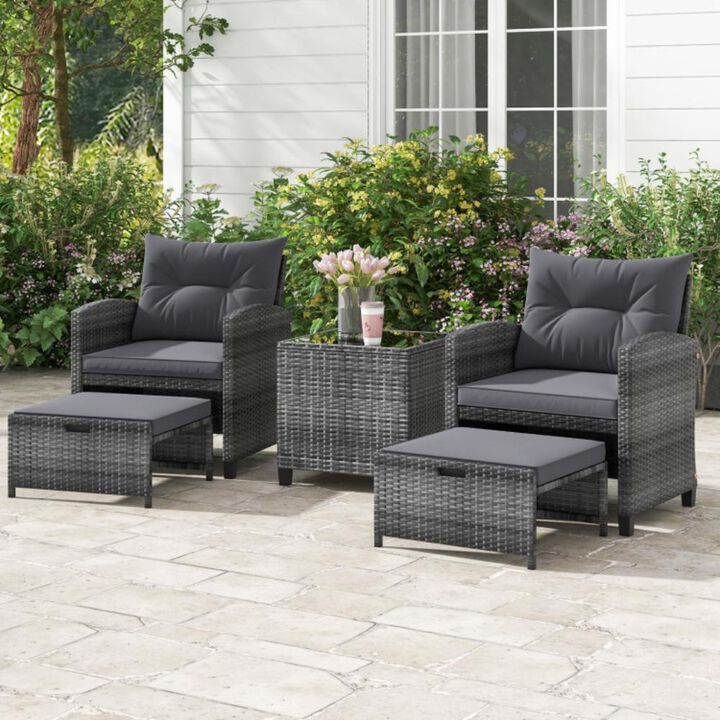 Hivvago 5 Piece Patio Rattan Furniture with 2 Ottomans and Tempered Glass Coffee Table