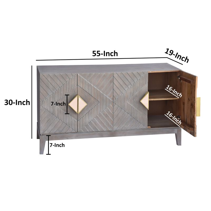 Abiel 55 Inch Mango Wood Sideboard Buffet Cabinet Console, 4 Doors, Inner Shelf, Ornate Diamond Carving, Gray-Benzara