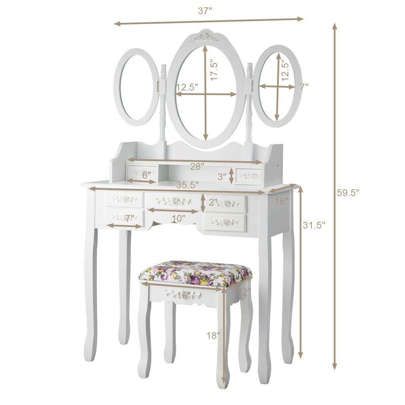 7 Drawer Tri-Folding Mirror Dressing Vanity Makeup Set