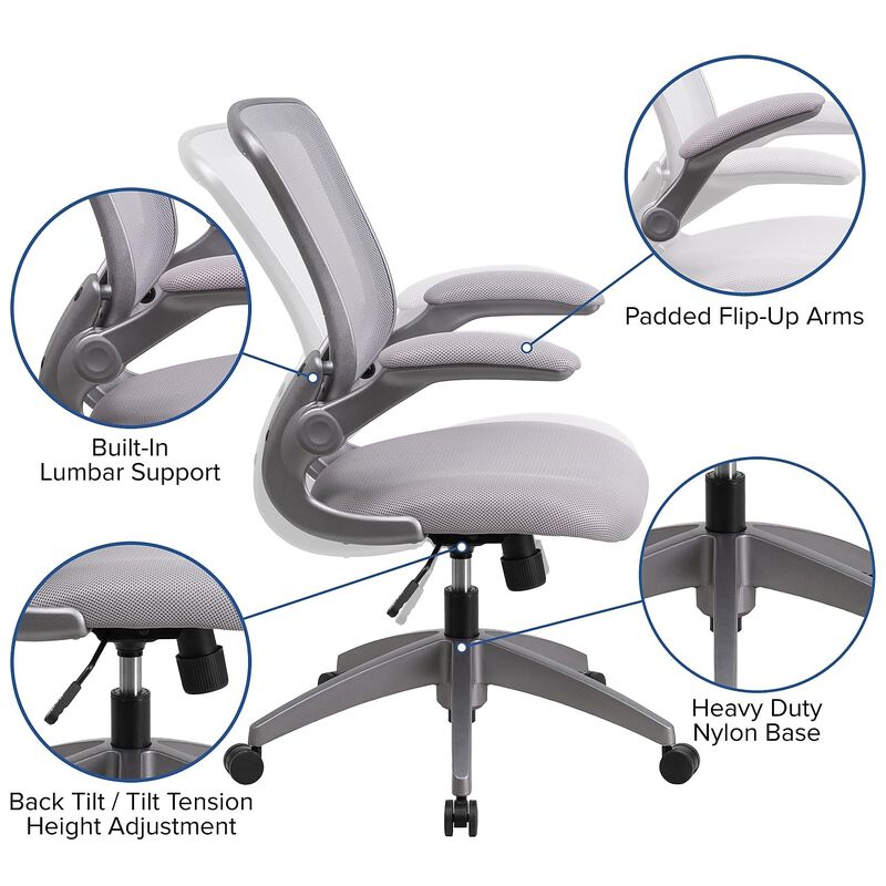 Flash Furniture Kale Mid-Back Gray Mesh Swivel Ergonomic Task Office Chair with Gray Frame and Flip-Up Arms