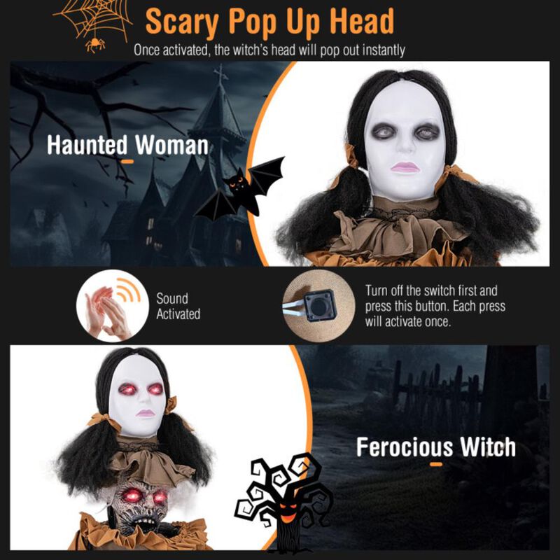Hivvago Halloween Animatronic Haunted Woman with Pop Up Head and Control Button