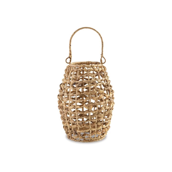 Enna 17 Inch Lantern, Bohemian Style, Candle Stand, Brown Rattan Woven - Benzara