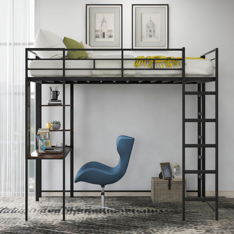 Full Size Metal Loft Bed With 2 Shelves And One Desk