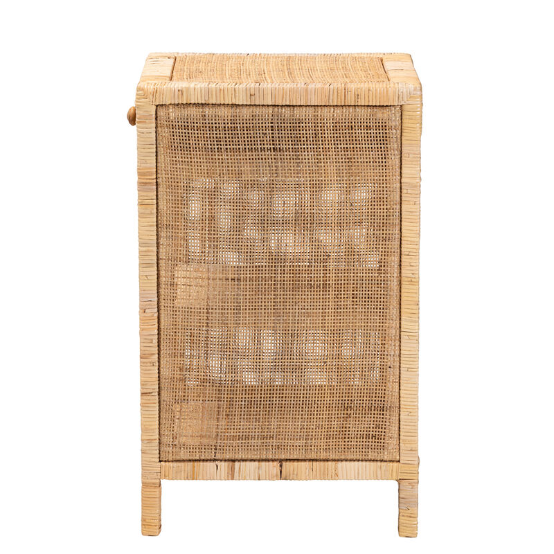 Baxton Studio Bella Natural Brown Mahogany Wood And Natural Rattan 1 Drawer Nightstand