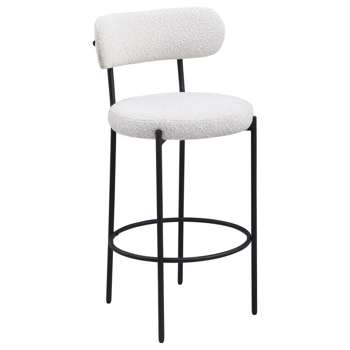 Winona Bar Height Chair Set of 2, White Boucle, Black Metal 30 Inch - Benzara