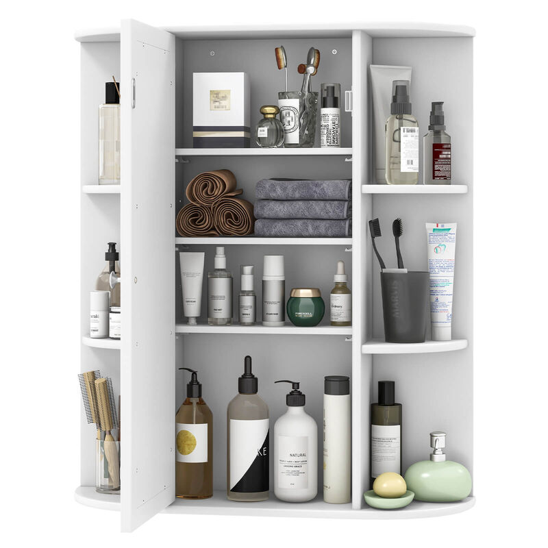 Costway Bathroom Cabinet Single Door Shelves Wall Mount Cabinet with Mirror White