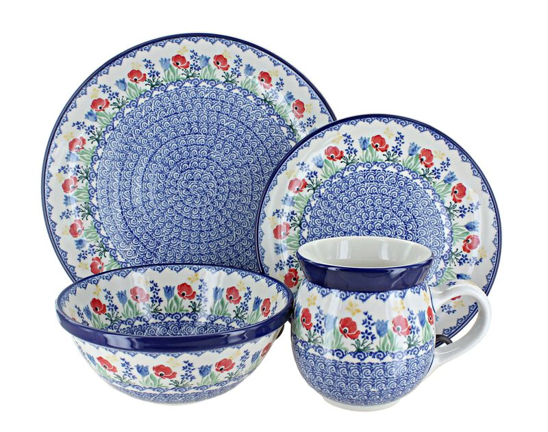 Blue Rose Polish Pottery Herb Garden 16 Piece Dinner Set