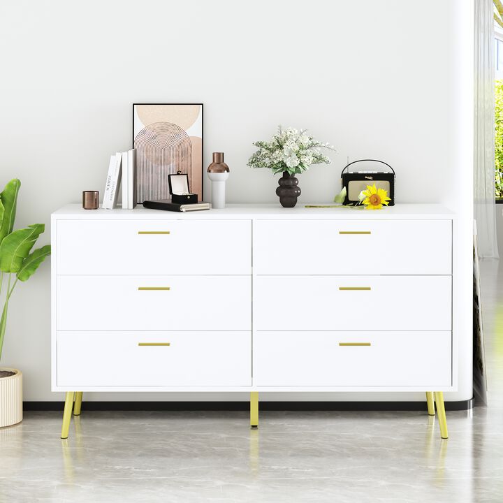 6-Drawers White Wood Chest of Drawer Accent Storage Cabinet Organizer With Metal Leg 54.1 in. W x 15.6 in. D