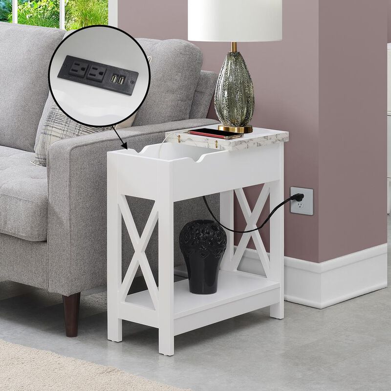 Convenience Concepts Oxford Flip Top End Table with Charging Station and Shelf, Marble