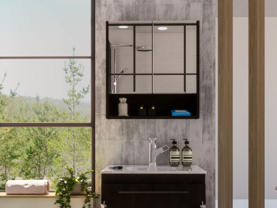 DEPOT E-SHOP Tatacoa Mirror Medicine Cabinet, One Open Shelf, Three Interior Shelves, Black