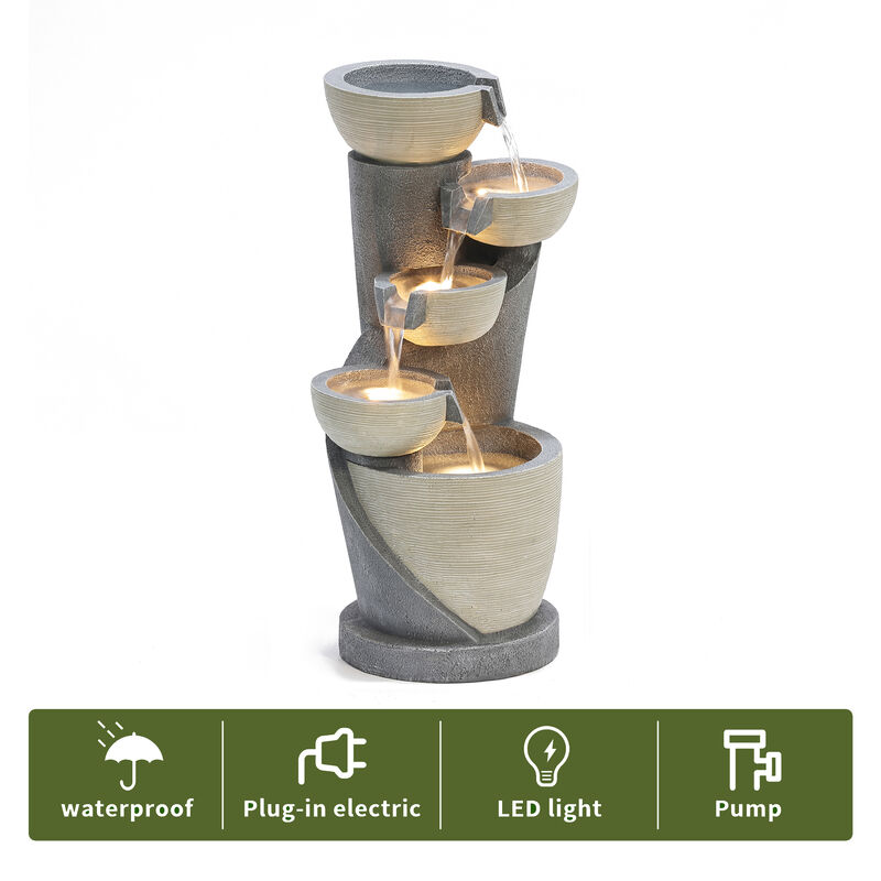 LuxenHome Gray Cascading Bowls and Column Resin Outdoor Fountain with LED Lights