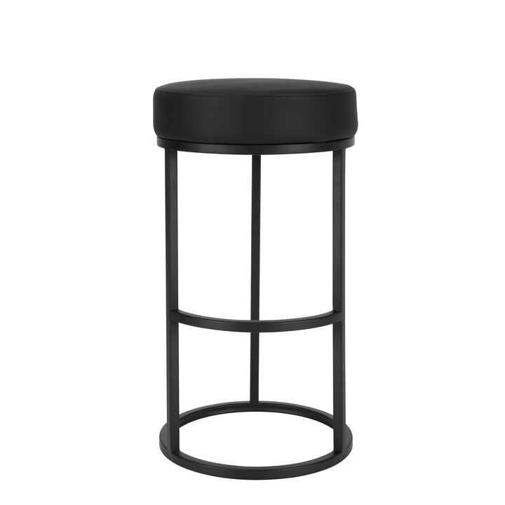 Tane 30 Inch Barstool, Round Black Faux Leather Padded Seat, Black Metal - Benzara