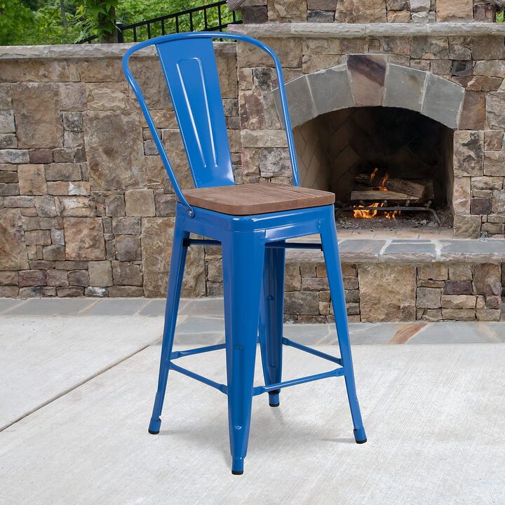 Flash Furniture Lily 24" High Blue Metal Counter Height Stool with Back and Wood Seat