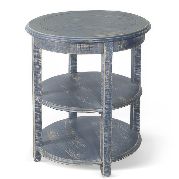 Rena Side End Table, Scallop Trim, 28 Inch Distressed Blue Mahogany - Benzara