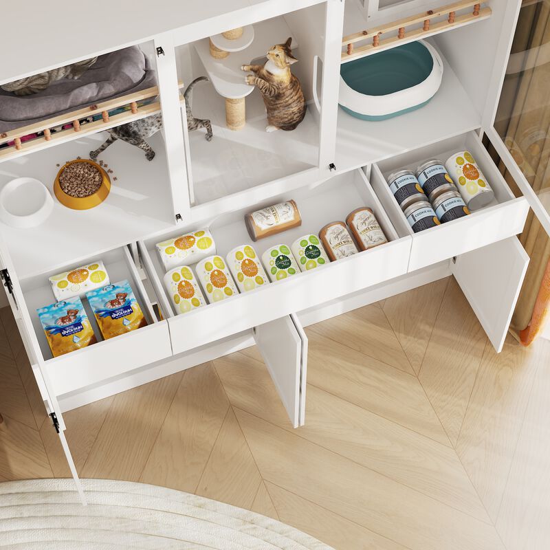 FUFU&GAGA Deluxe Multi-Level Cat Cabinet with Built-In Storage – Stylish and Functional Pet Furniture, 63"W x 19.7"D x 70.9"H, White