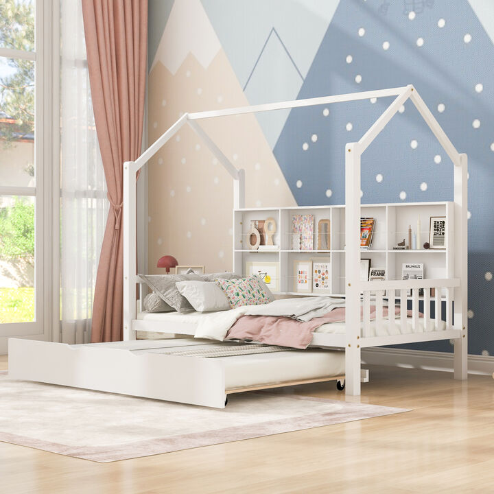 Wooden Twin Size House Bed With Trundle, Kids Bed With Shelf, White