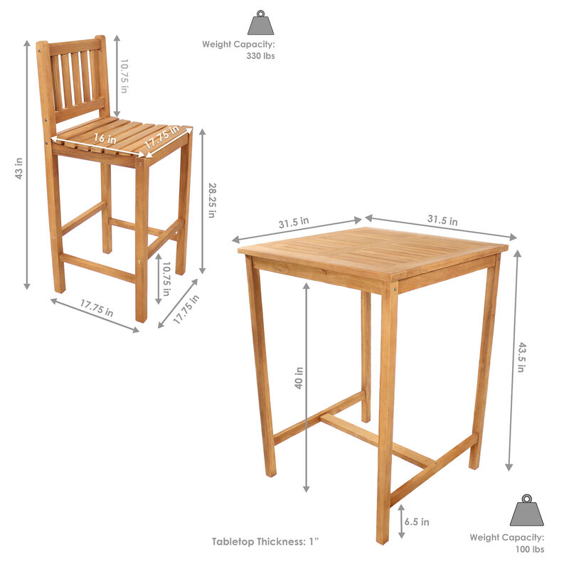 Sunnydaze 3-Piece Teak Outdoor Bar Set -  Brown
