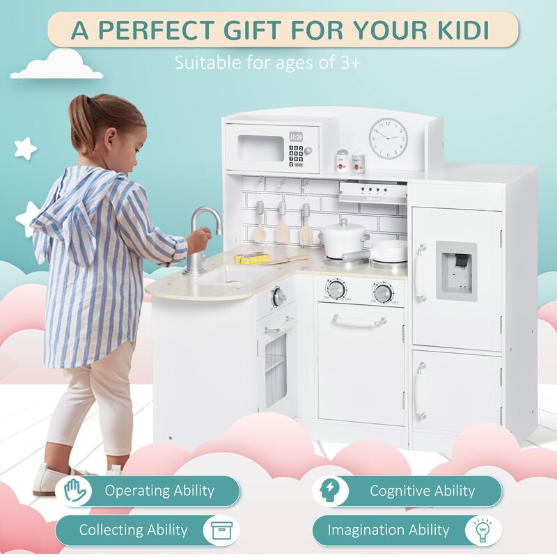 White Play Kitchen: Kids' Set with Fountain, Microwave, and Fridge