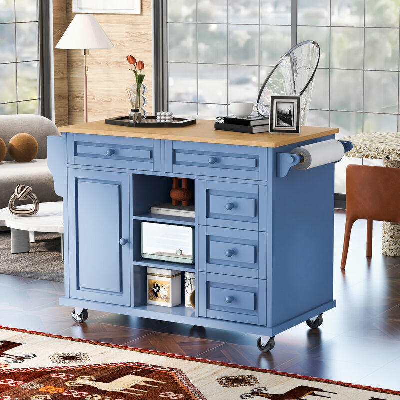Streamdale Blue Rolling Kitchen Island with Rubberwood Top - 53