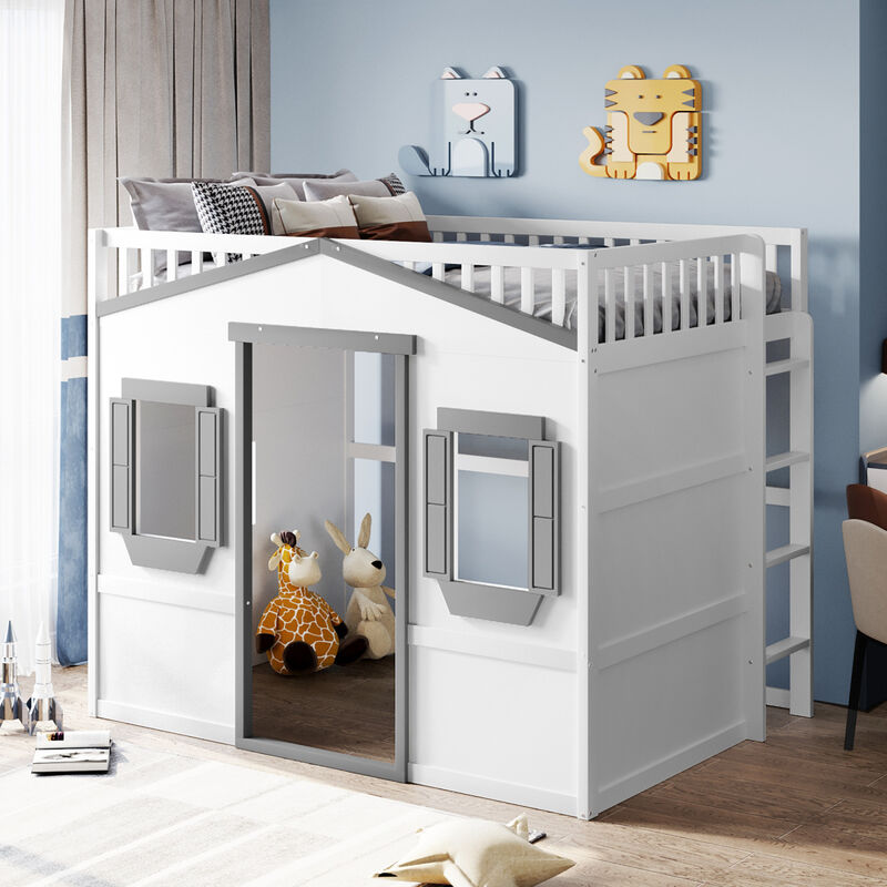 Full Size House Loft Bed With Ladder And Frame