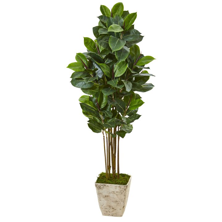 Hivvago 63 Inches Rubber Leaf Artificial Tree in Country White Planter