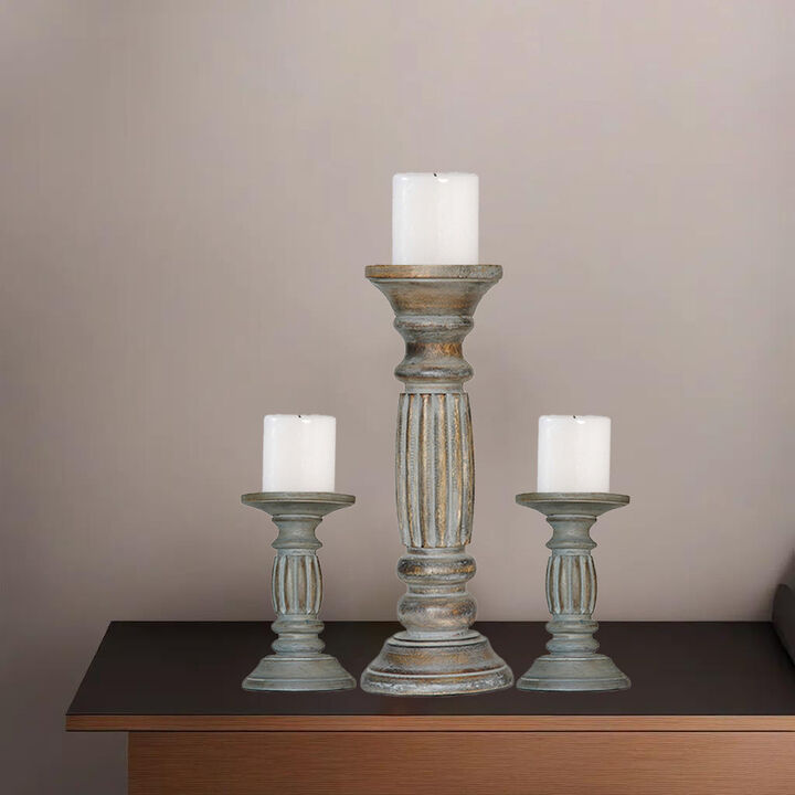 Traditional Antique Dusk Eco-friendly Handmade Mango Wood Set Of Three 6",12" & 6" Pillar Candle Holder