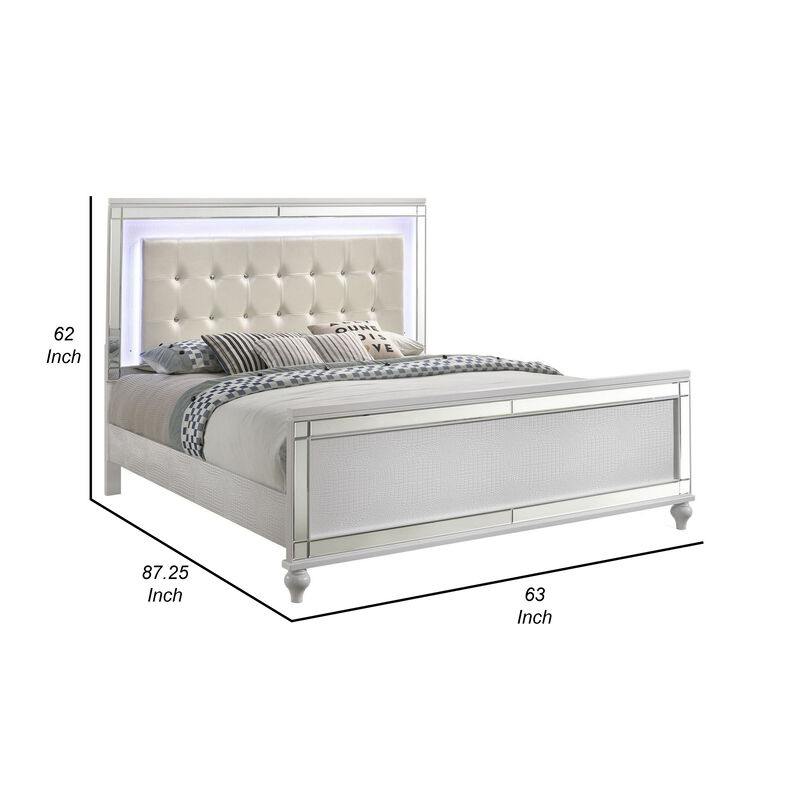 Lee Queen Size Bed, LED, Tufted Faux Leather Upholstery, Textured White - Benzara