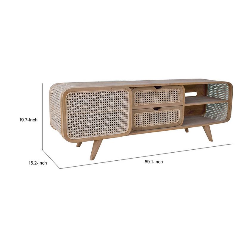 59 Inch TV Entertainment Console, Sliding Doors, Teak Wood, Rattan, Brown - Benzara