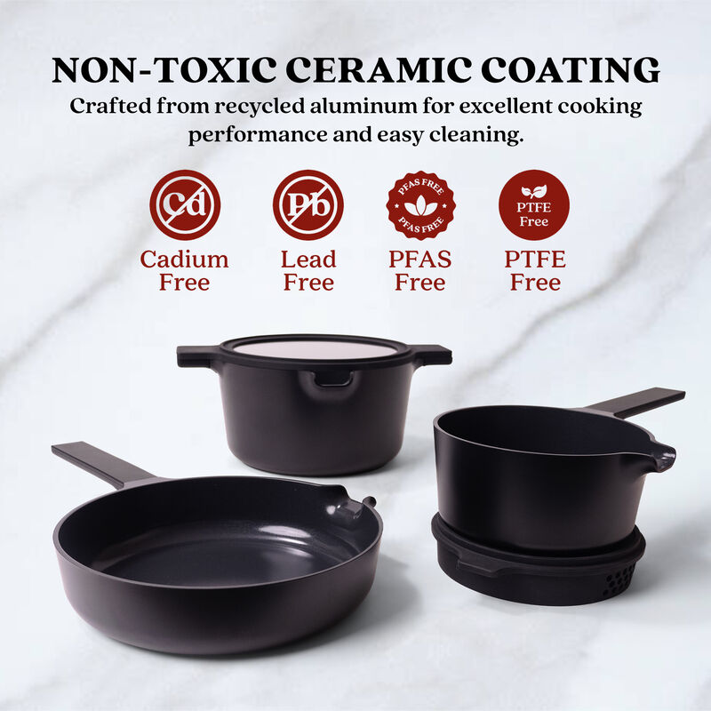 Alva Neat 5-in-1 Ceramic Nonstick Cookware Nesting Set, Recycled Aluminum Non-Toxic PFAS, PFOA & PTFE Free, Frying Pan, Cookware Set Compatible with All Cooktops & Induction Safe, Oven Safe