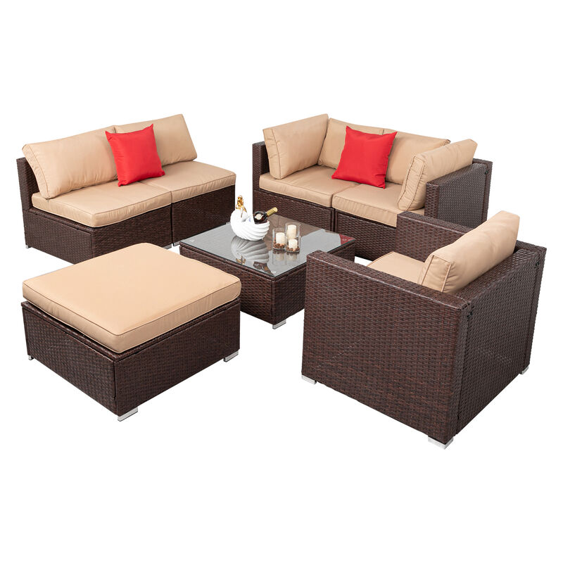 7-Piece Wood Grain PE Wicker Rattan Patio Sofa Set, Outdoor Sectional with Corner Sofa
