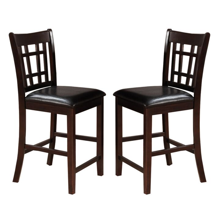 41 Inch Wood Counter Height Chair, Leatherette Seat, Dark Brown, Set of 2-Benzara
