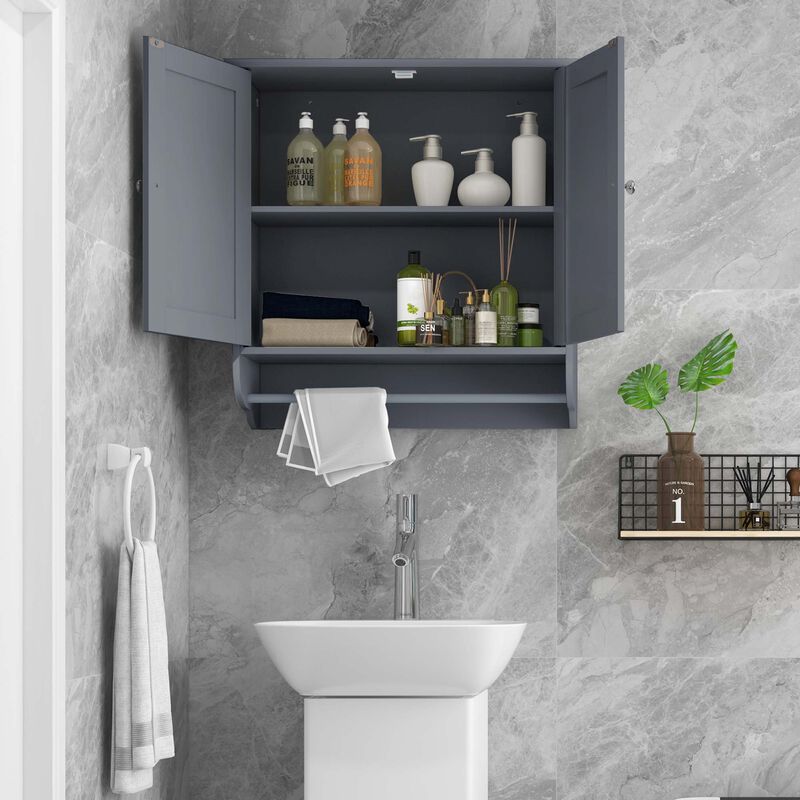 Costway Wall Mounted Bathroom Medicine Cabinet Storage Cupboard with Towel Bar Grey