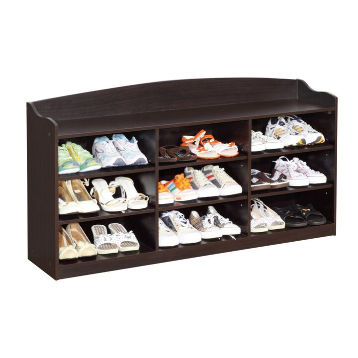48 Inch Classic Wood Shoe Rack, 9 Cubbies, Elegant Wood Grains, Dark Brown-Benzara