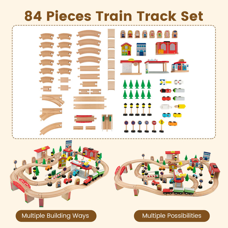 84-Piece Wooden Train Set with Reversible and Detachable Tabletop