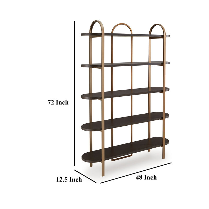 72 Inch Bookcase with 5 Ash Wood Storage Shelves, Retro Gold Frame - Benzara