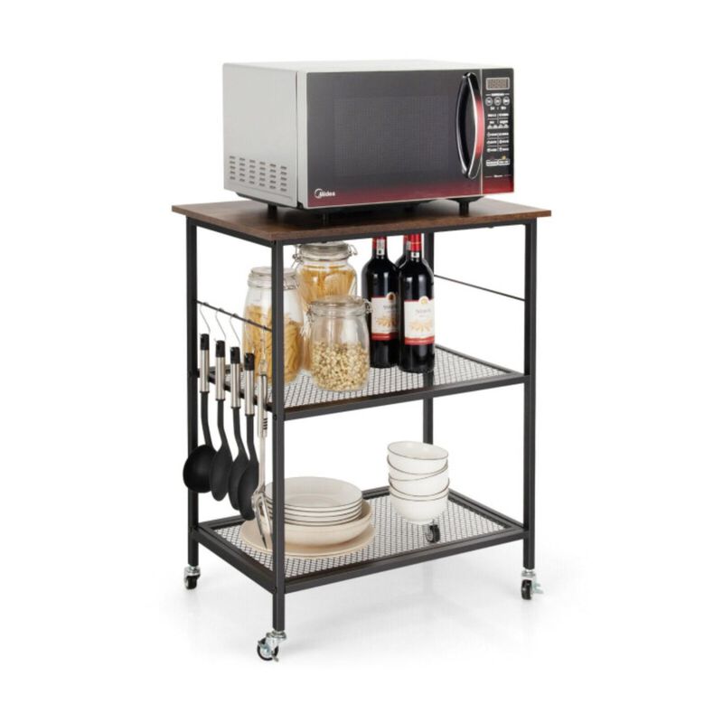 Hivvago 3-Tier Kitchen Serving Cart Utility Standing Microwave Rack with Hooks Brown
