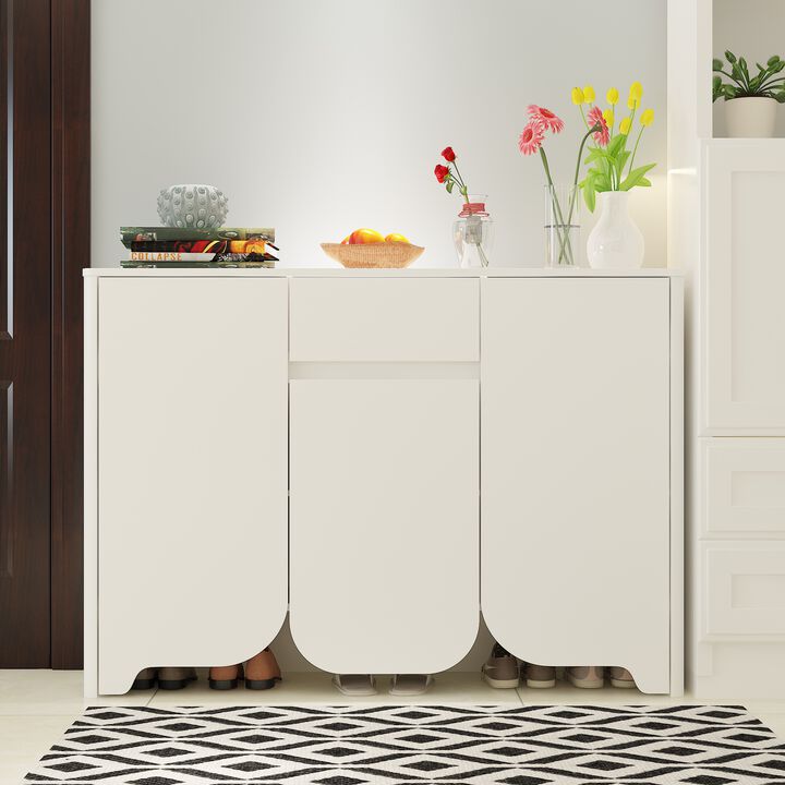 FUFU&GAGA Modern White Shoe Cabinet – 3 Doors, 1 Drawer, Arched Design, MDF Entryway Storage (47.2" W x 13.7" D x 33.5" H), White