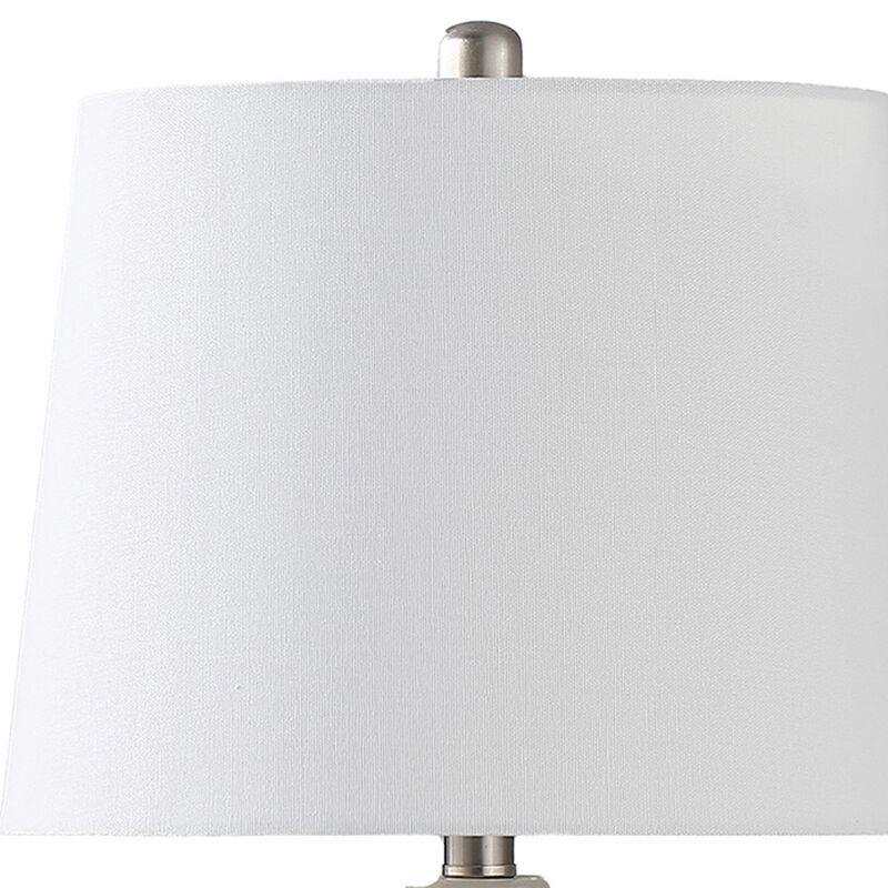 22 Inch Table Lamp, Cream Round Cascading Ceramic Design Urn, Brushed Metal - Benzara