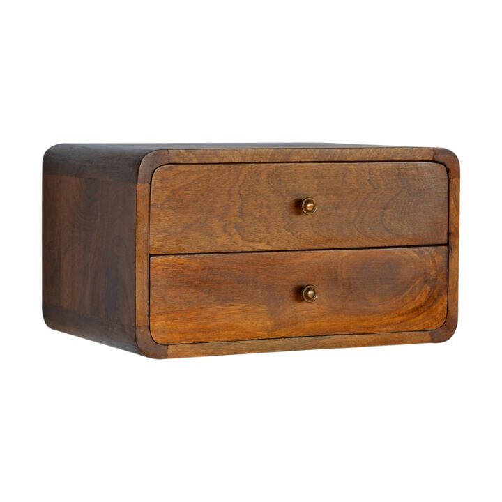 Solid Wood Curved Chestnut Wall Mounted 2 Drawer Nightstand