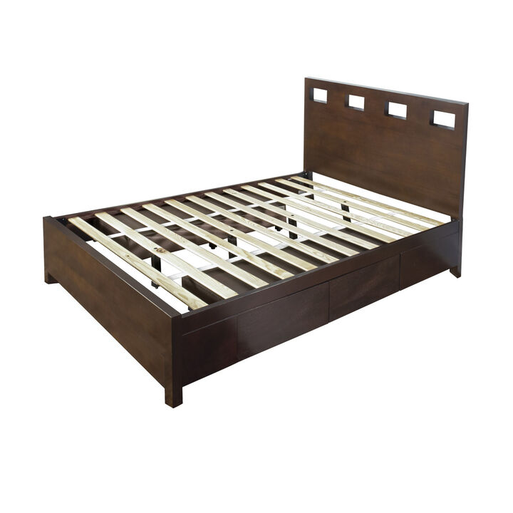 Yee King Storage Bed, Brown Wood, 4 Side Drawers, Cut Out Headboard Design - Benzara