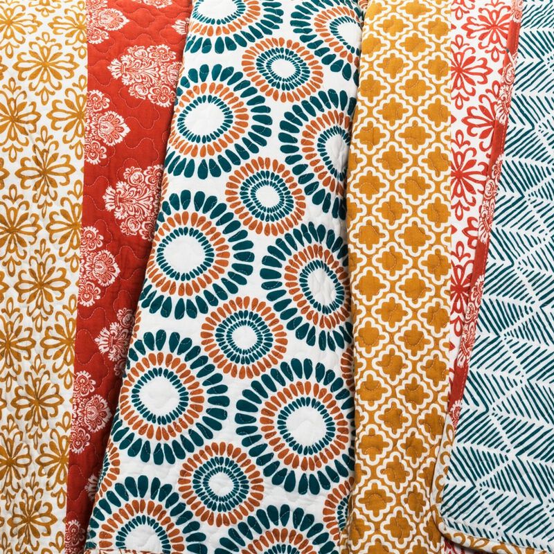 Hivvago Full/Queen size Cotton 3 Piece Reversible Teal Orange Bohemian Stripe Quilt Set