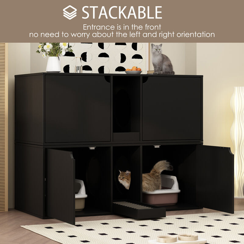 Cat Litter Box Enclosure for 2 Cats, Wood Stackable Cat Washroom Storage Bench End Table Furniture, Black