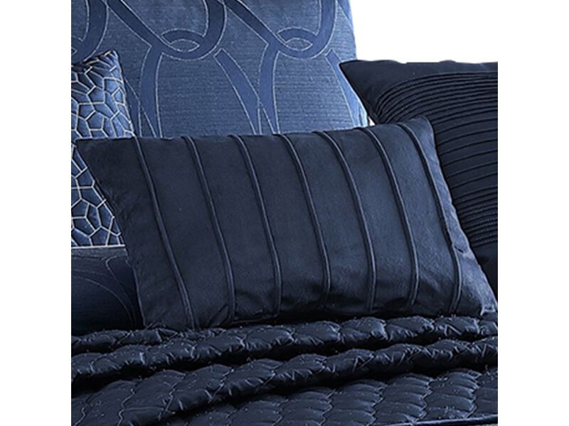 10 Piece King Polyester Comforter Set with Geometric Oblong Print, Dark Blue - Benzara