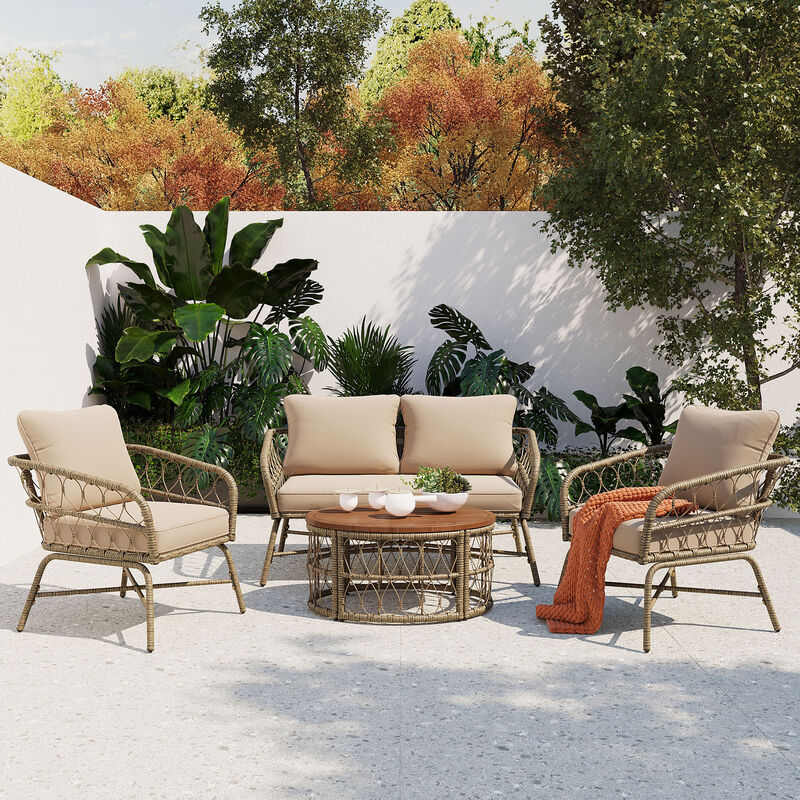 Whisen Bohemia-inspired Outdoor Seating Group With Removable Cushions, Conversation Patio Set With Wood Tabletop