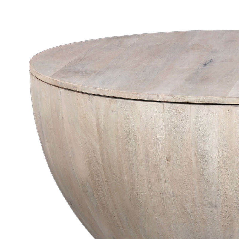 37 Inch Round Coffee Table, Handcrafted Drum Shape with Storage, Washed White Mango Wood - Benzara