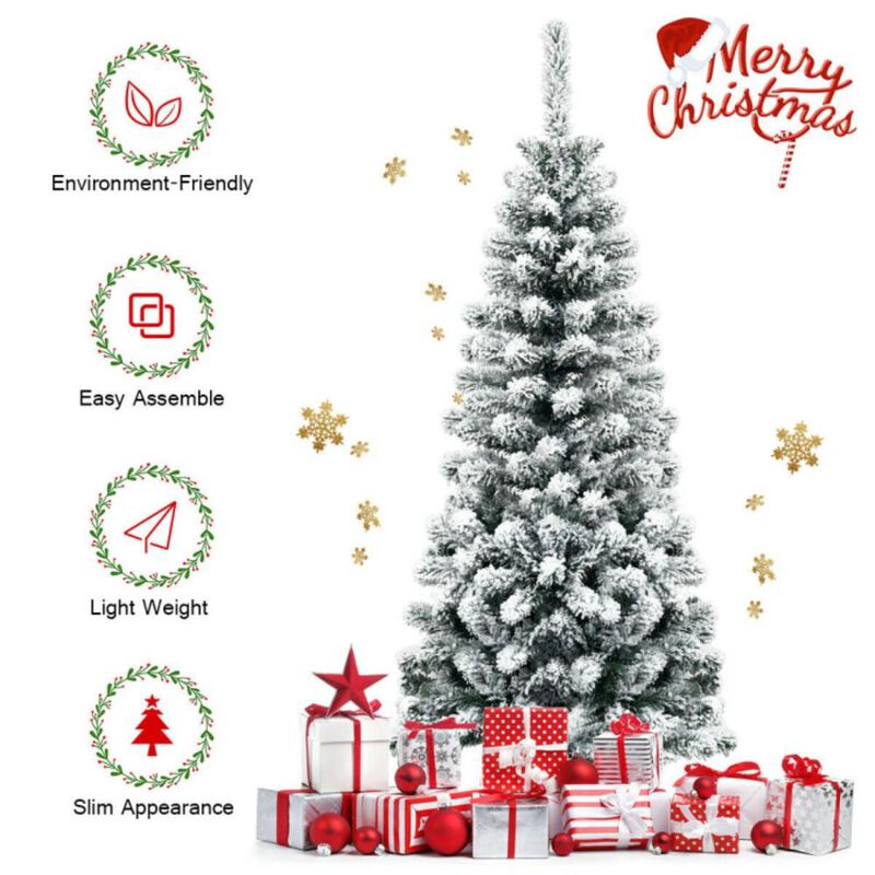Hivvago 4.5 Feet Unlit Hinged Snow Flocked Artificial Pencil Christmas Tree with 242 Branch
