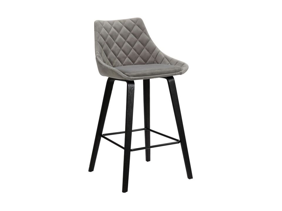 26 Inch Velvet Upholstered Diamond Tufted Wood Leg Barstool, Gray and Black-Benzara