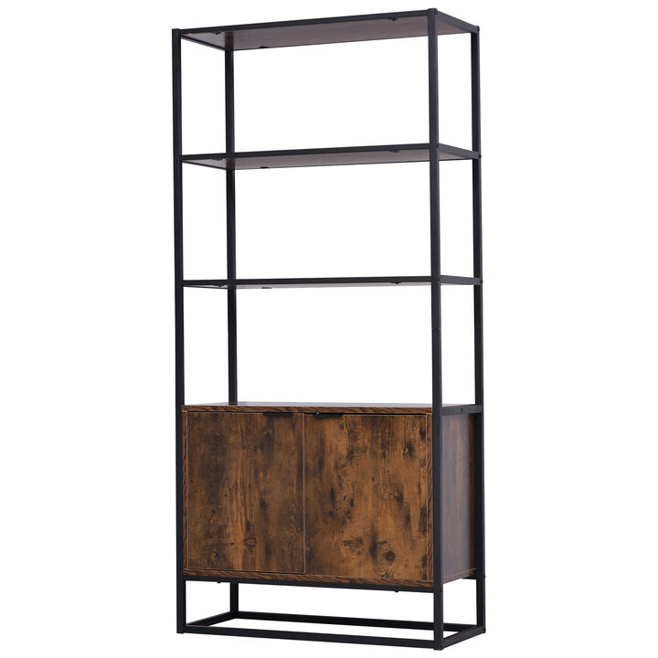 Tall Wooden Rustic 3-Tier Open Space Shelving with Bottom Hutch Storage Unit