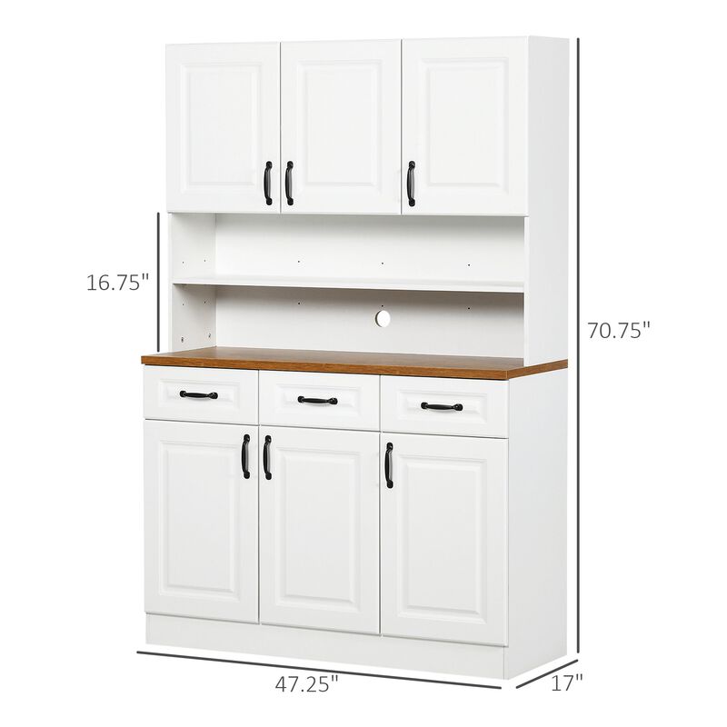 White Kitchen Hutch: 71" Pantry Cabinet with Drawers & Countertop