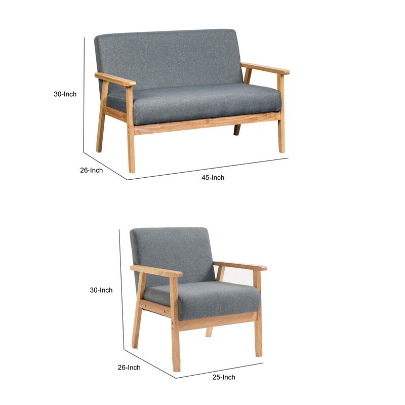 Gala 3 Piece Loveseat and Chair Set, Gray Fabric, Natural Brown Wood Frame